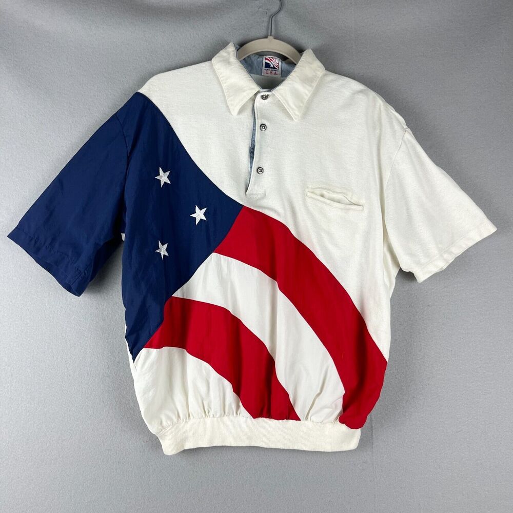 VTG Alan Stuart Polo Mens Shirt Large Stars American Flag USA Retro Patriotic